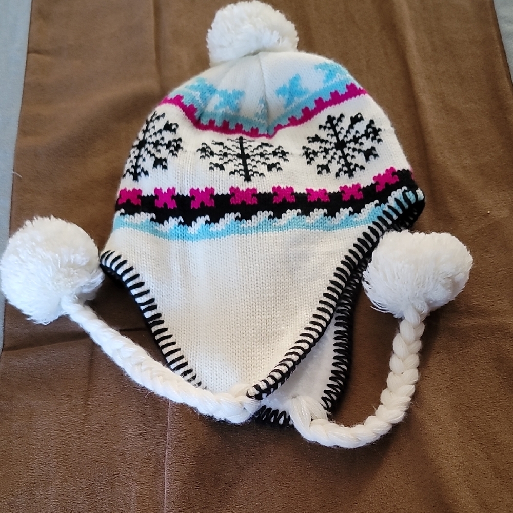Womens Winter Pom Pom Hat - White, Blue, Pink